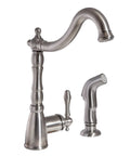 Single Handle Kitchen Faucet With Side Sprayer In Satin Nickel Or Oil Rubbed Bronze Finish, Victorian Style 2 Hole Mount, 1.8 Gpm Flow, Easy Temp Control, Brass Construction Built To Last For Everyday Kitchen Use.