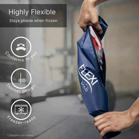Person holding highly flexible American Flag Gel Ice Pack For Injuries And Cold Therapy Reusable Large Ice Pack 10.5 By 14.5 Inches