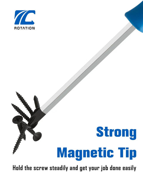 Magnetic Go-Thru 12-Piece Screwdriver Set with magnetic tip holding screws steady for fastening, chiseling, and loosening tasks.