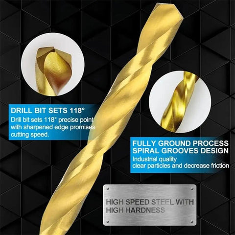 Get These 13PC Drill Bit Set For Glass Metal Tile And Concrete featuring a gold HSS twist drill bit with 118° point.
