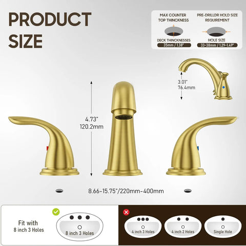 Brushed Gold Widespread 8 Inch 2-Handle Bathroom Faucet With 3-Hole Setup And Metal Pop Up Drain Assembly Low Arc Sink Faucet