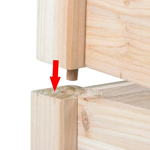 Close-up of wooden corner joint assembly for Three Tier Raised Garden Bed With 47 Inch Square Footprint And 22 Inch Height Wooden Planter