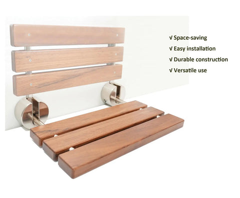 Premium Burmese Teak Folding Shower Seat Bench Wall Mounted With Brushed Finish, Solid Teak Wood With Stainless Steel Bars, 330 Lb Capacity