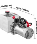 Heavy Duty Single Acting Hydraulic Power Unit Pump With 4 Qt Oil Reservoir And DC 12 Volt Motor, dimensions 16.5 x 8.3 x 7.5 inches.