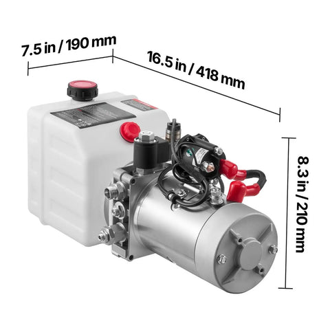 Heavy Duty Single Acting Hydraulic Power Unit Pump With 4 Qt Oil Reservoir And DC 12 Volt Motor, dimensions 16.5 x 8.3 x 7.5 inches.