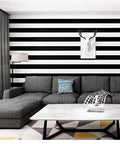 Living room with Black And White Stripe Peel And Stick Wallpaper Self Adhesive Removable Contact Paper Waterproof Vinyl for walls.