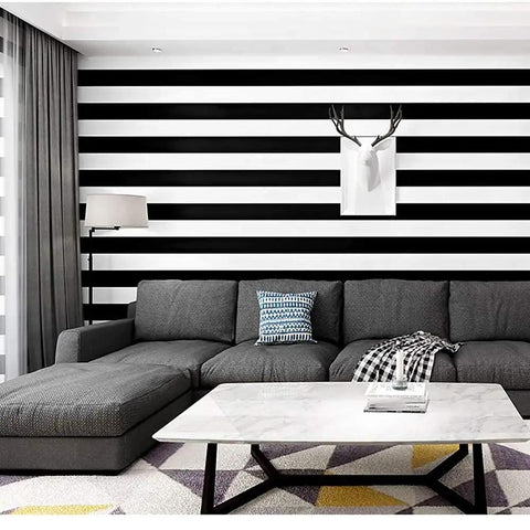 Living room with Black And White Stripe Peel And Stick Wallpaper Self Adhesive Removable Contact Paper Waterproof Vinyl for walls.