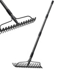 Heavy Duty Metal Garden Rake With 17 Prongs And Long Handle For Loosening Soil Leveling Lawns Cleaning Leaves Thatch Removal Yard Work