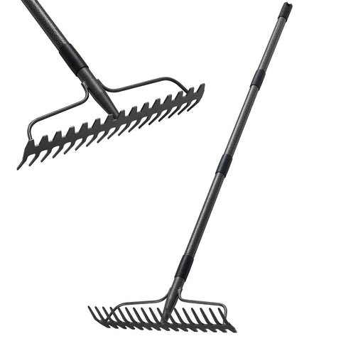 Heavy Duty Metal Garden Rake With 17 Prongs And Long Handle For Loosening Soil Leveling Lawns Cleaning Leaves Thatch Removal Yard Work