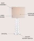 28 Inch Clear Geometric Stacked Crystal Table Lamp With White Linen Shade Modern Glam Bedside Light For Living Room Or Bedroom LED Bulb Included ETL Listed