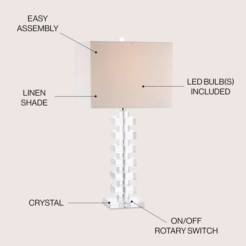 28 Inch Clear Geometric Stacked Crystal Table Lamp With White Linen Shade Modern Glam Bedside Light For Living Room Or Bedroom LED Bulb Included ETL Listed
