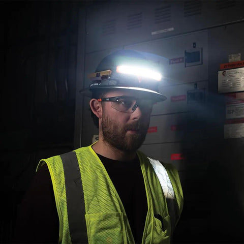 Rechargeable LED Wide Beam Headlamp With Hard Hat Mounts for Work, 770 Lumens, used on safety helmet in dimly lit area
