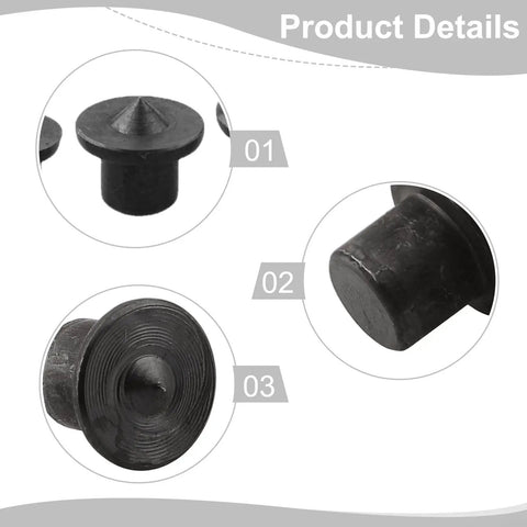 Close-up image of 8 Piece Dowel Center Point Set Pro Grade With 6mm 8mm 10mm 12mm Steel Markers for precise hole location in lumber.