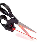 Laser-guided sewing scissors with black ergonomic handles and red laser guide for precise fabric cutting