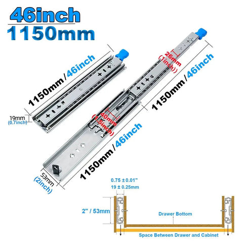 Heavy Duty Drawer Slides With Lock Full Extension Steel Runners 46 inch length for smooth gliding in cabinets.