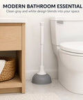 Slick Modern Toilet Plunger With 19 Inch Handle And Gray Rubber Cup Kicks Clogs Fast And Features A Snazzy Three Piece Design stored next to toilet.