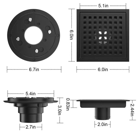 Top and side view of the 6 Inch Matte Black Shower Drain Square Floor Drain Kit With Flange Stainless Steel Pro Grade Construction