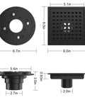 6 Inch Square Shower Drain With ABS Flange Base In Matte Black 304 Stainless Steel High Flow Floor Drain Removable Grate And Hair Strainer dimensions