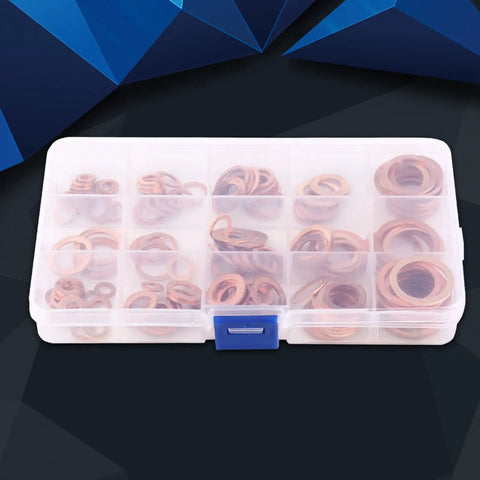 Top Tier Copper Flat Washer Assortment Set With M5 And M22 Sizes Perfect For Grounding Heat Conduction And Bolt Jobs On Machinery Frames Or Plumbing Projects Keeping Your Gear Cool And Connected Like Never Before. Copper washers in a plastic organizer