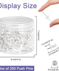 Real Deal Push Pins With Clear Plastic Heads And Built Tough Steel Points For Bulletin Cork Boards Poster Mounting Photos Home Craft Projects 200 Count in clear container.