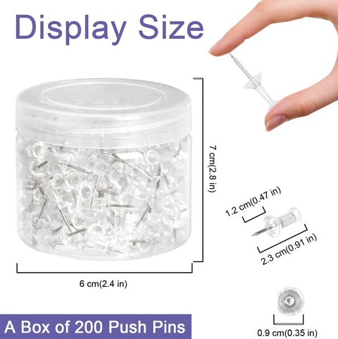 Real Deal Push Pins With Clear Plastic Heads And Built Tough Steel Points For Bulletin Cork Boards Poster Mounting Photos Home Craft Projects 200 Count in clear container.