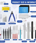 All In One Model Tools Kit For Beginners And Pros, 50 Piece DIY Hobby Craft Set showing tools with measurements and labels.