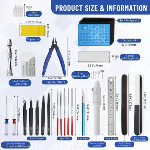 All In One Model Tools Kit For Beginners And Pros, 50 Piece DIY Hobby Craft Set showing tools with measurements and labels.