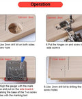 Precision 35mm Cabinet Hinge Drill Jig With Heavy Duty Locator Frame To Dead On Mark Every Hole And Make Quick Door Hardware Installation A Total Breeze For Easy Shop Setups And Pro Builders operation steps showing drill hole and hinge placement.