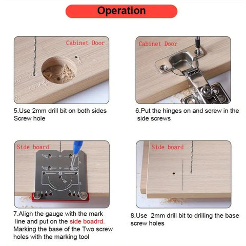 Precision 35mm Cabinet Hinge Drill Jig With Heavy Duty Locator Frame To Dead On Mark Every Hole And Make Quick Door Hardware Installation A Total Breeze For Easy Shop Setups And Pro Builders operation steps showing drill hole and hinge placement.
