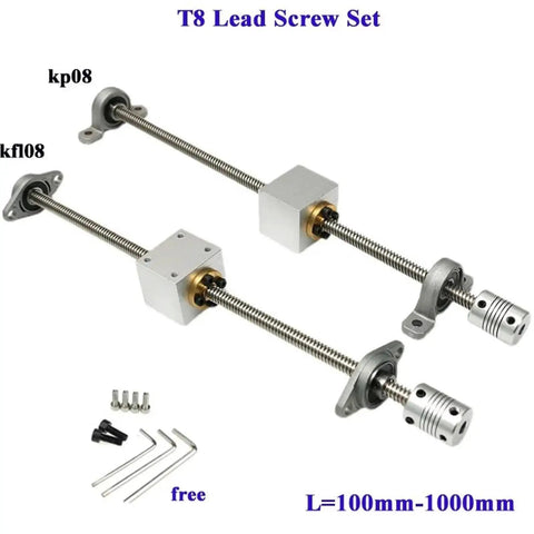 Solid T8 Lead Screw Kit For 3D Printers Vertical Horizontal Upgrade With Precise 2mm Pitch 8mm Rods Trusted Z Axis Drive Smooth Runs No Wobble Or Stick Slips Great For You Ready To Fix Wobbly Prints Today, T8 lead screw set with couplers, bearings, nuts, and Allen keys