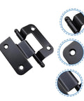 Cabinet door hinge, front view, black iron heavy-duty self-closing hinge with mounting holes.