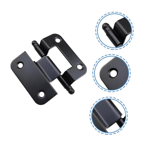 Cabinet door hinge, front view, black iron heavy-duty self-closing hinge with mounting holes.