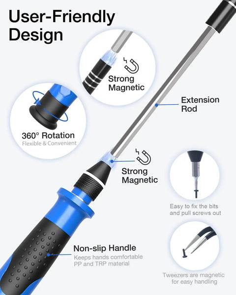 45-In-1 Mini Precision Screwdriver Set With Magnetic Bits, Tweezers And Extension Shaft For Laptop, PC, Phone, Console, Tablet, Glasses And More, Compact Easy Grip Everyday Repair Kit For Pros