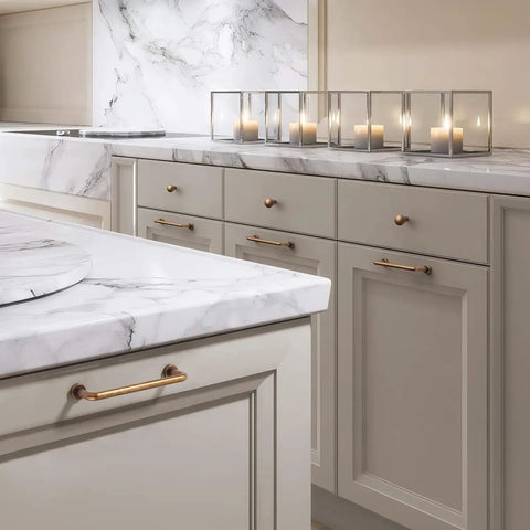 Kitchen with Eight Pack Two And A Half Inch Antique Brass Cabinet Handles And Drawer Pulls With Screws and marble countertops