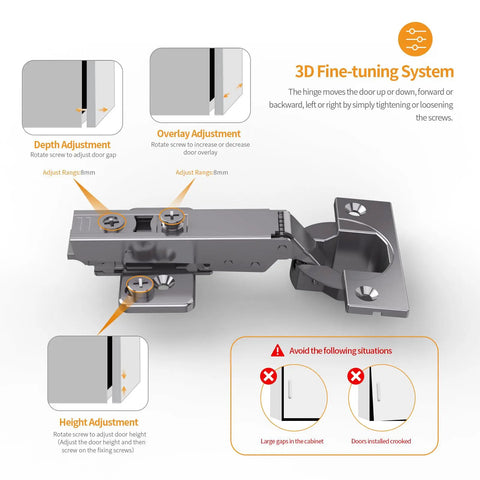 Rock Solid 50 Pack Full Overlay Soft Close Concealed Hinges For Cabinet Doors Black Titanium Plated Finish showing 3D fine-tuning adjustments.