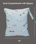 Wet Dry Bag For Baby Gear With Dual Compartments Water Resistant Travel Must Have On The Go For Stroller Daycare Diapers Beach Pool And Gym Keeps Wet And Dry Items Separated Washable And Reusable in blue with car print, 12x15 inches.