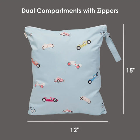 Wet Dry Bag For Baby Gear With Dual Compartments Water Resistant Travel Must Have On The Go For Stroller Daycare Diapers Beach Pool And Gym Keeps Wet And Dry Items Separated Washable And Reusable in blue with car print, 12x15 inches.