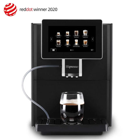 Super Fully Automatic Bean To Cup Espresso Coffee Machine With 7 Inch HD Touchscreen, showcasing custom drink options on display.