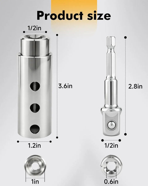 Knock The Grunt Work Off Your Road Trip With This Rock Solid Trailer Jack Drill Adapter For 1 Inch Shafts Pairs Effortlessly With Cordless Drills To Crank RV And Dump Trailers Up Or Down In Seconds, showing product size dimensions.