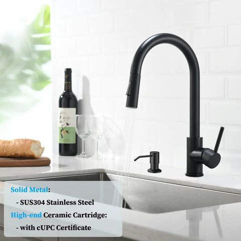 Black Kitchen Faucet With Pull Down Sprayer High Arc Stainless Steel Matte Black Finish Lead Free SUS304 CUPC No Deck Plate