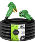 Extra Heavy Duty 50 Amp RV Extension Cord 25 Foot Length Featuring Hella Tough Build And Badass UV Resistant Design For Fifth Wheel Camper And Electric Vehicle Power Needs, with green connectors.