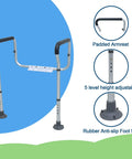 Sturdy As Nails Aluminum Toilet Safety Handle with padded armrests, adjustable height, and rubber anti-slip foot mats.