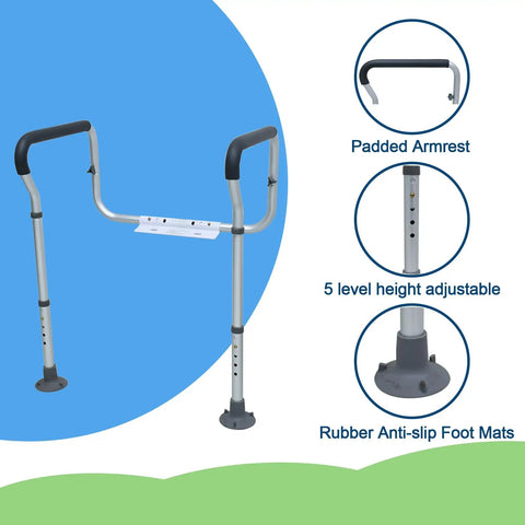 Sturdy As Nails Aluminum Toilet Safety Handle with padded armrests, adjustable height, and rubber anti-slip foot mats.