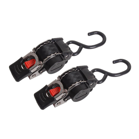 Pair of One Inch By Six Foot Bolt-On Retractable Ratcheting Tie-Down Straps with Quick Release No-Tangle Stainless Steel Auto Retract