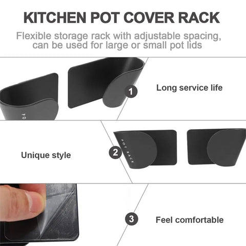 Features of Wall Mounted Pot Lid Rack Black ABS Kitchen Organizer with close-up on durable ABS construction and adjustable spacing.