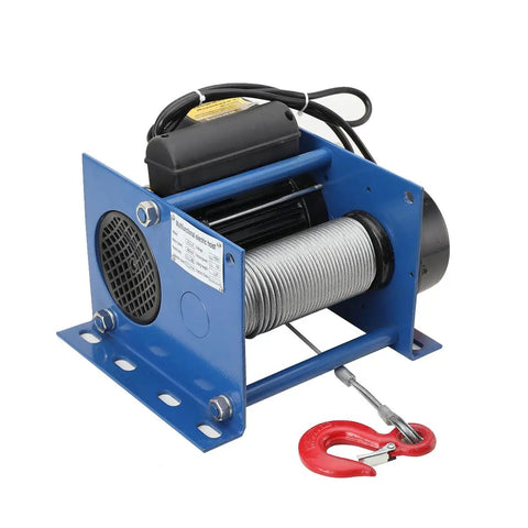Top Tier Micro Electric Hoist Winch With Powerful 110V Motor For Garage And Factory Heavy Lifting Tasks That Handle The Toughest Jobs Around Town With Ease, showing blue body and steel cable.