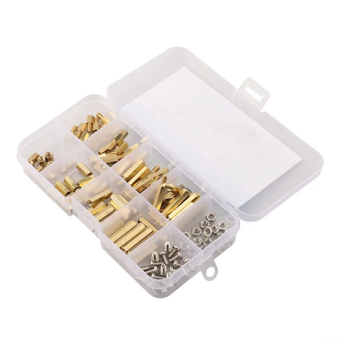 M3 Brass Hex Column Spacer Standoff Kit With Stainless Steel Screws And Nuts, 120 Pieces, Multi Size Set In Brass And Silver Finishes in organizer box