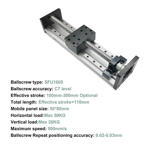 Heavy Duty Linear Rail Motor Kit With High Precision Ball Screw And Direct Drive Motor For CNC Routers, showing SFU1605 ballscrew with specs.