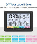 Four Zone Wireless Indoor Outdoor Weather Station With Digital Atomic Clock And Temperature Humidity Monitor, Real Time Readings Across Home Nursery Basement And Backyard, Backlit Display, Weather Forecast, Black showing temperature and humidity readings.