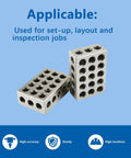 Built Tough Precision Hardened Steel Gauge Block Set 1 2 3 Inch Sizes, two cross-drilled calibration blocks for machining.